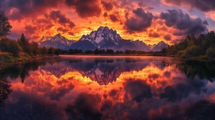 Stunning sunset over mountains reflected in a serene lake.
