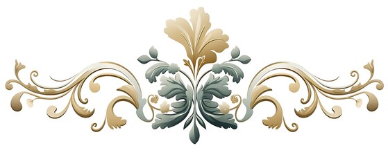 Elegant floral design element with swirling leaves and ornate details in beige and teal.