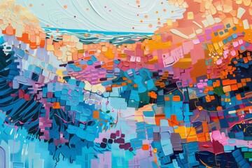Naklejka premium A painting of a colorful landscape with a blue sky and a body of water