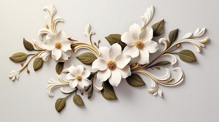Elegant white and gold floral arrangement with 3D effect.