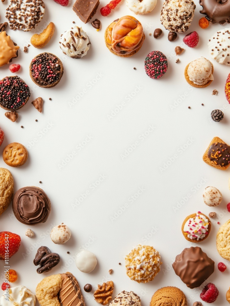 Poster An array of colorful sweets and cookies is displayed against a white background, leaving empty space for custom text or messages. Generative AI