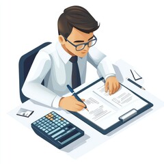 Man working at desk, filling out forms.