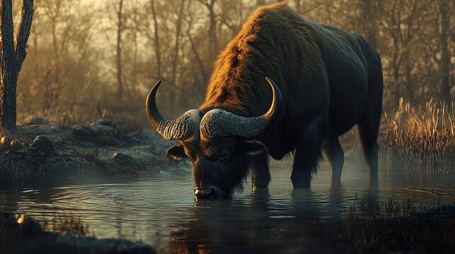 A buffalo, syncerus caffer, stands in a dam and drinks water.