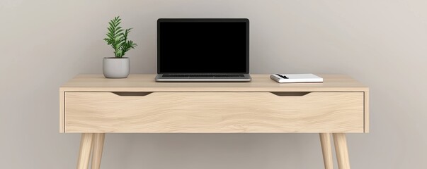 A simple wooden desk with a laptop, a notebook, and a potted plant, modern and minimal home office
