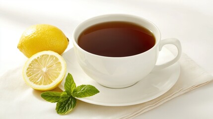 A white porcelain teacup with herbal tea and lemon slices on a soft linen napkin, soothing and fresh moment