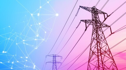 A power line stands against a vibrant gradient background, symbolizing energy transmission and modern technology.