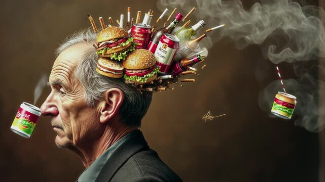 AI generative side portrait of head of sad elderly Caucasian man with cravings for fast food exploding on his mind, with images of hamburgers, beer, cigarettes floating in smoke on brown background
