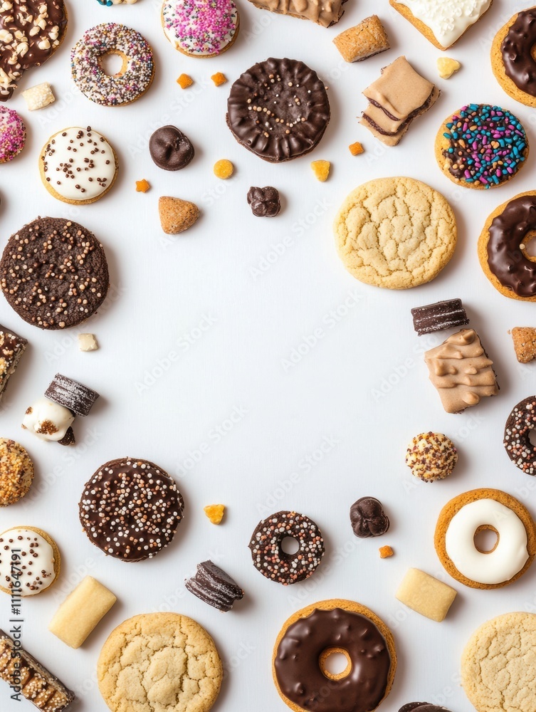 Aufkleber Vibrant array of colorful cookies and sweets displayed creatively on a white background, perfect for festive occasions or advertisements. Generative AI