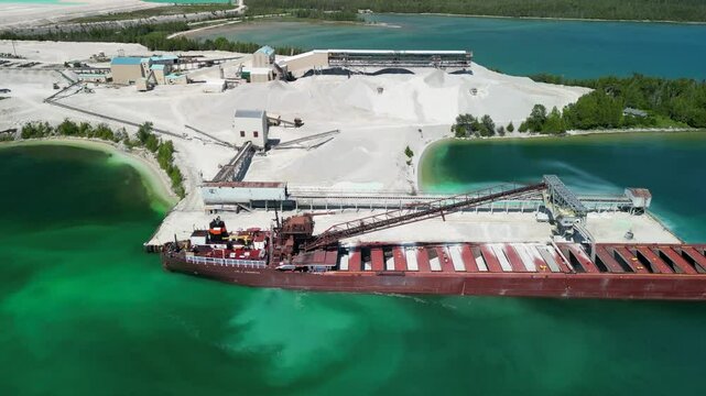 Aerial view of large cargo freighter loading limestone into cargo holds docked at quarry, Lake Huron, Michigan