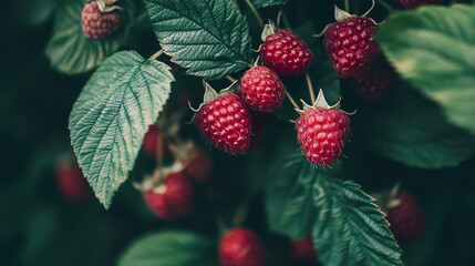 A bunch of raspberries with leaves on them