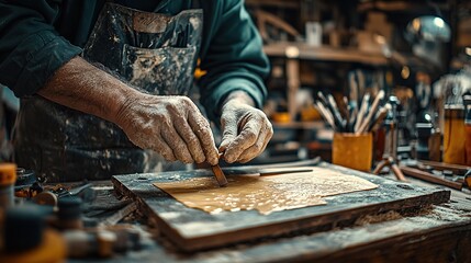 Craftsperson shaping materials in a workshop setting.