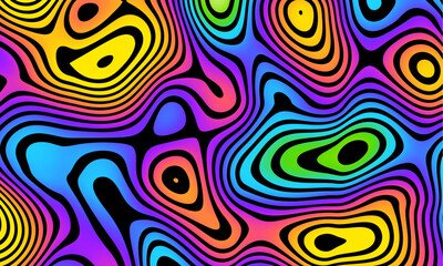 Groovy psychedelic wave background for banner design. Retro 60s 70s psychedelic pattern. Modern wave retro abstract design. Rainbow 60s, 70s