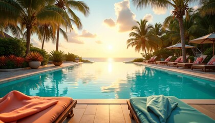 Obraz premium Serene Beach Resort Scene with Turquoise Pool under Sunset Glow