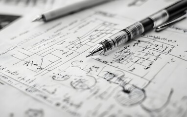 A close-up shot of technical drawings and designs on paper, featuring a ballpoint pen. Ideal for illustrating planning, architecture, and business concepts.