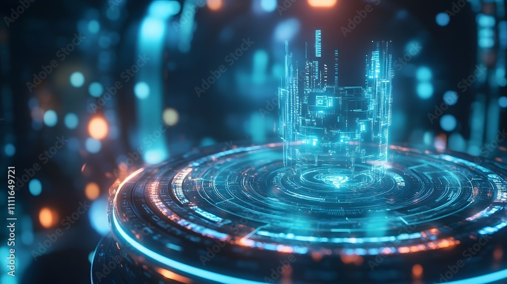 Poster a futuristic digital interface featuring glowing holographic elements, displaying advanced data visu