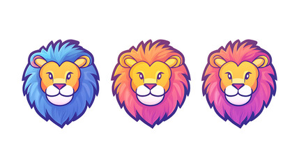 Obraz premium ThreeLion logo for a game app, shows only the animal face as an icon, using colors orange, pink, blue, and purple, isolated on a transparent background