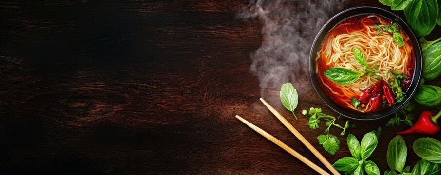 A steaming bowl of ramen with chopsticks and garnishes, warm and savory culinary delight