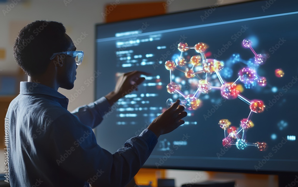 Poster a scientist interacts with a digital interface displaying complex molecular structures, emphasizing 