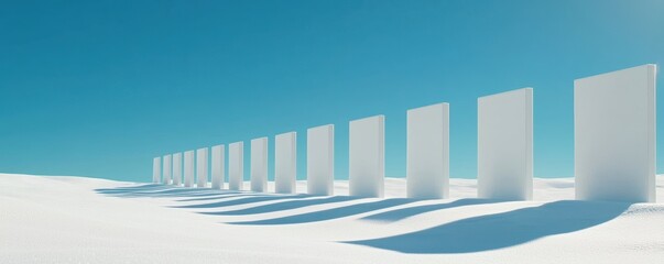 Obraz premium Solar panels aligned in a snowy landscape under a bright blue sky showcasing renewable energy sustainability and peak power generation in winter