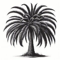 Stylized palm tree illustration in black and white.