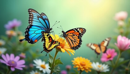 Fototapeta premium Trio of Vibrant Tropical Butterflies on Colorful Blooming Flower