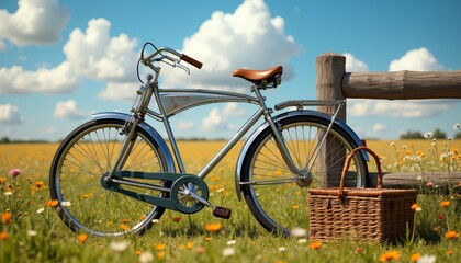 Fototapeta premium Vintage Bicycle with Chrome Frame by Rustic Wooden Fence