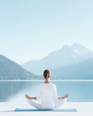 Fototapeta premium Serene Yoga Practice by Mountain Lake Embracing Tranquility and Fitness