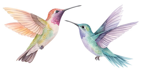 Obraz premium hummingbird watercolor set painting drawing cut out isolated on white background