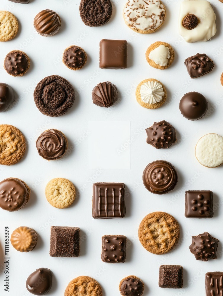 Poster an appealing variety of cookies and sweets displayed on a clean white background, perfect for creati