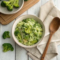 Broccoli Rice Bowl on Rustic Wooden Table