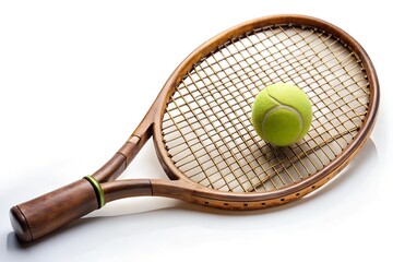 Vintage tennis racket and ball on white background