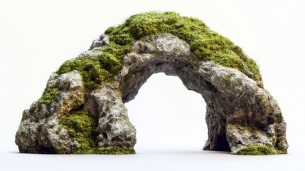 Cutout natural rock arch in the forest.
Stone arch isolated on white background. Cave entrance made of old boulder with moss. 