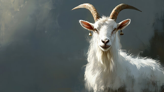 A curious white billy goat with horns and bell