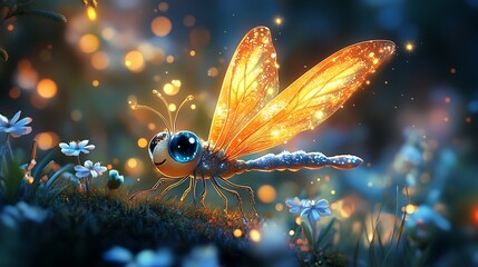 Cute cartoon dragonfly with glowing wings in a magical night garden.