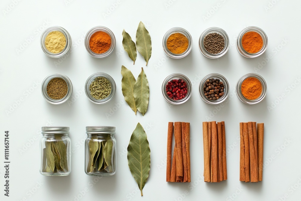 Aufkleber small jars filled with vibrant spices are displayed alongside bay leaves and cinnamon sticks, offeri