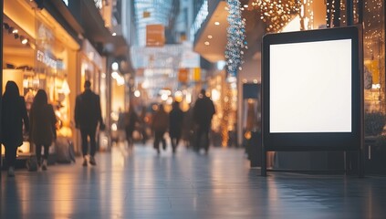 Blank Advertisement in Shopping Mall, Evening Ambiance, Blurred Shoppers Walking, Festive Lights