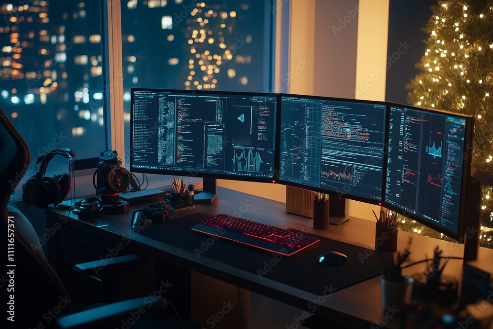 Poster A futuristic work setup with multiple monitors and glowing RGB lights in a home office