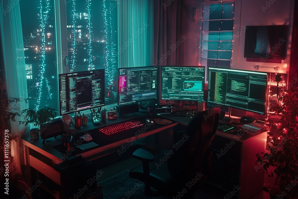 Poster A futuristic work setup with multiple monitors and glowing RGB lights in a home office