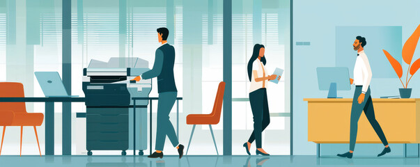 A scene depicting an office with a printer, focusing on the process of printing and copying documents, emphasizing the business setting and the versatility of the machines functions