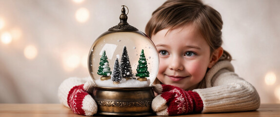 Smiling child in gloves looking at Christmas glass snow globe, creamy white background