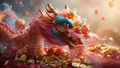 A vibrant dragon surrounded by gold coins, symbolizing wealth and prosperity.