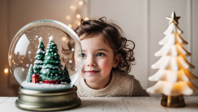 Kid with golden-brown curly hair looking at snow globe, creamy white wall warm lights background - Powered by Adobe
