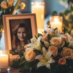 Obraz premium Funeral candles and flowers with photo memorial tribute