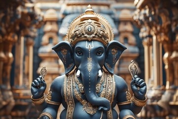 Fototapeta premium A beautifully crafted statue of Lord Ganesha, adorned with intricate details and set against a richly decorated background.