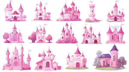 Fairy tale pink princess castle cartoon vector set. Magic fairytale kingdom world tower for fantasy child story. Medieval royal mansion architecture png clipart icons isolated on white background