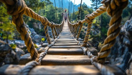 Fototapeta premium A Rustic Wooden Rope Bridge Over a Gorge: Thrilling Walkway Across a Deep Ravine in Lush Green Nature