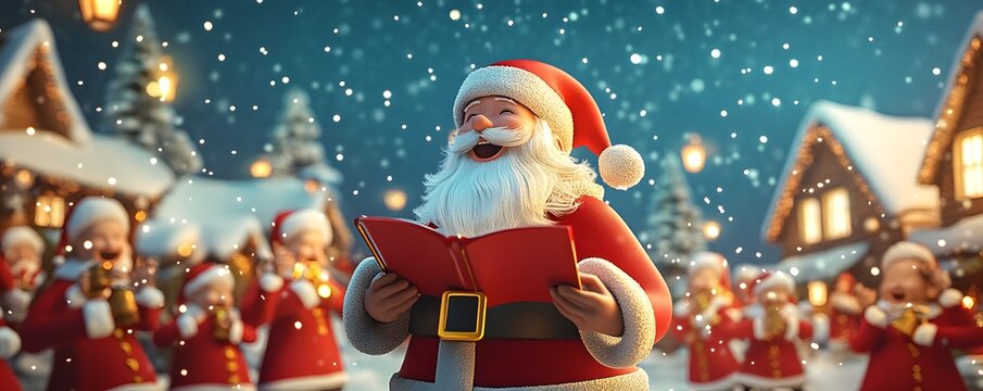 Cheerful Santa Claus singing in a snowy village, spreading joy during festive season.