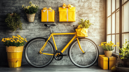 Yellow bicycle leans against wall with gift boxes and plants. Concept of vibrant interior decor and cheerful design.