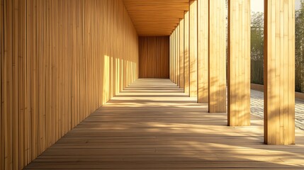 Fototapeta premium Stylish wooden corridor highlighting modern architectural design.