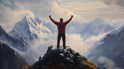 Triumphant Silhouette on Majestic Mountain Peak at Dramatic SunriseSunset